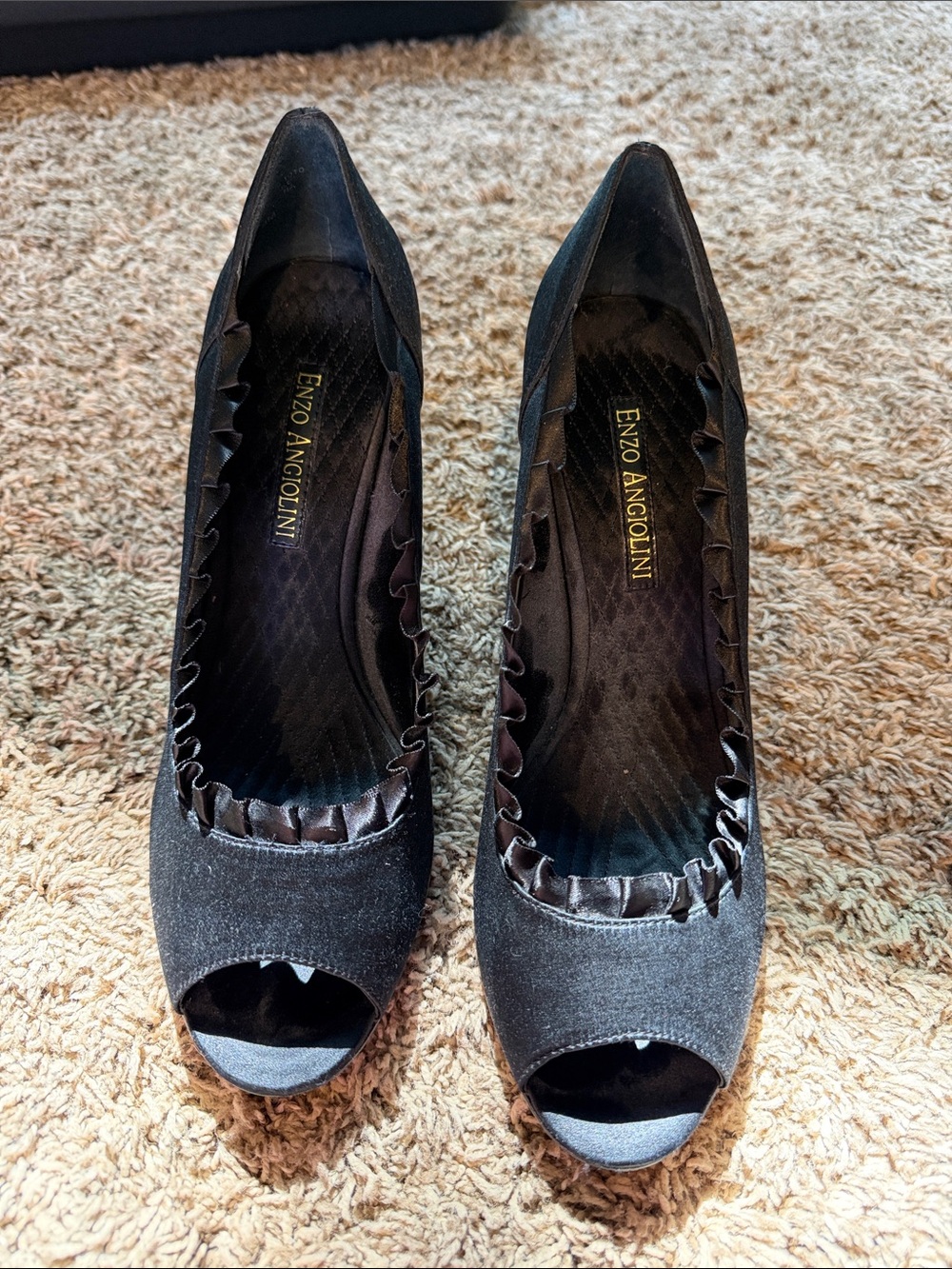 Enzo Angiolini Black Peep-Toe Ruffle Pumps